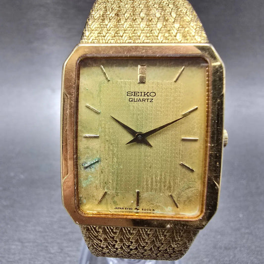 Seiko Tank Watch Men 25mm Champagne Dial Gold Rectangle 5Y30-5B49 PARTS VTG0
