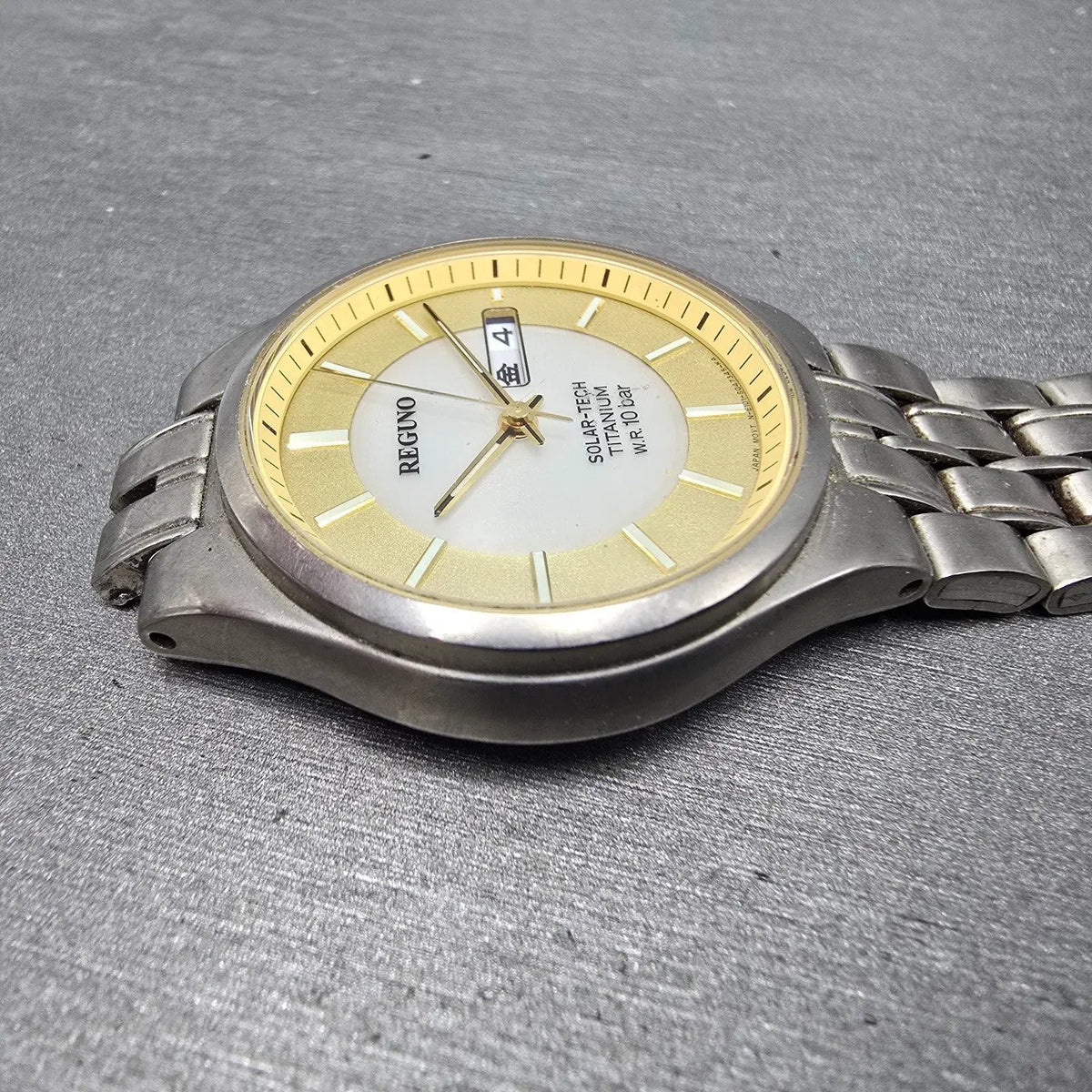Citizen Reguno Solar Watch Men 34mm Champagne Dial Titanium Daydate Runs READ!!!5