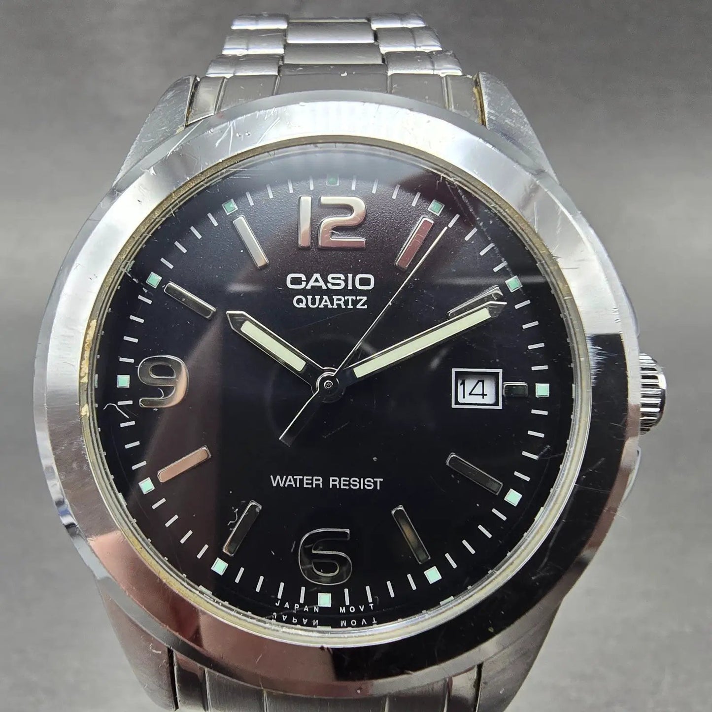 Casio Watch Men 37mm Black Dial Silver Tone Date Round MTP-1215 New Battery0