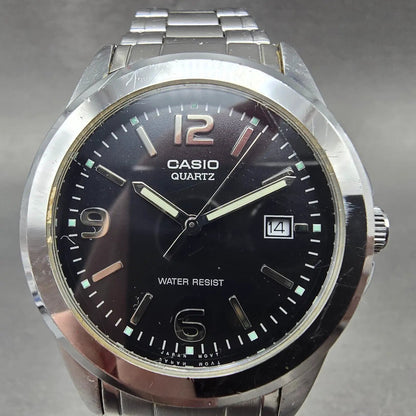 Casio Watch Men 37mm Black Dial Silver Tone Date Round MTP-1215 New Battery0