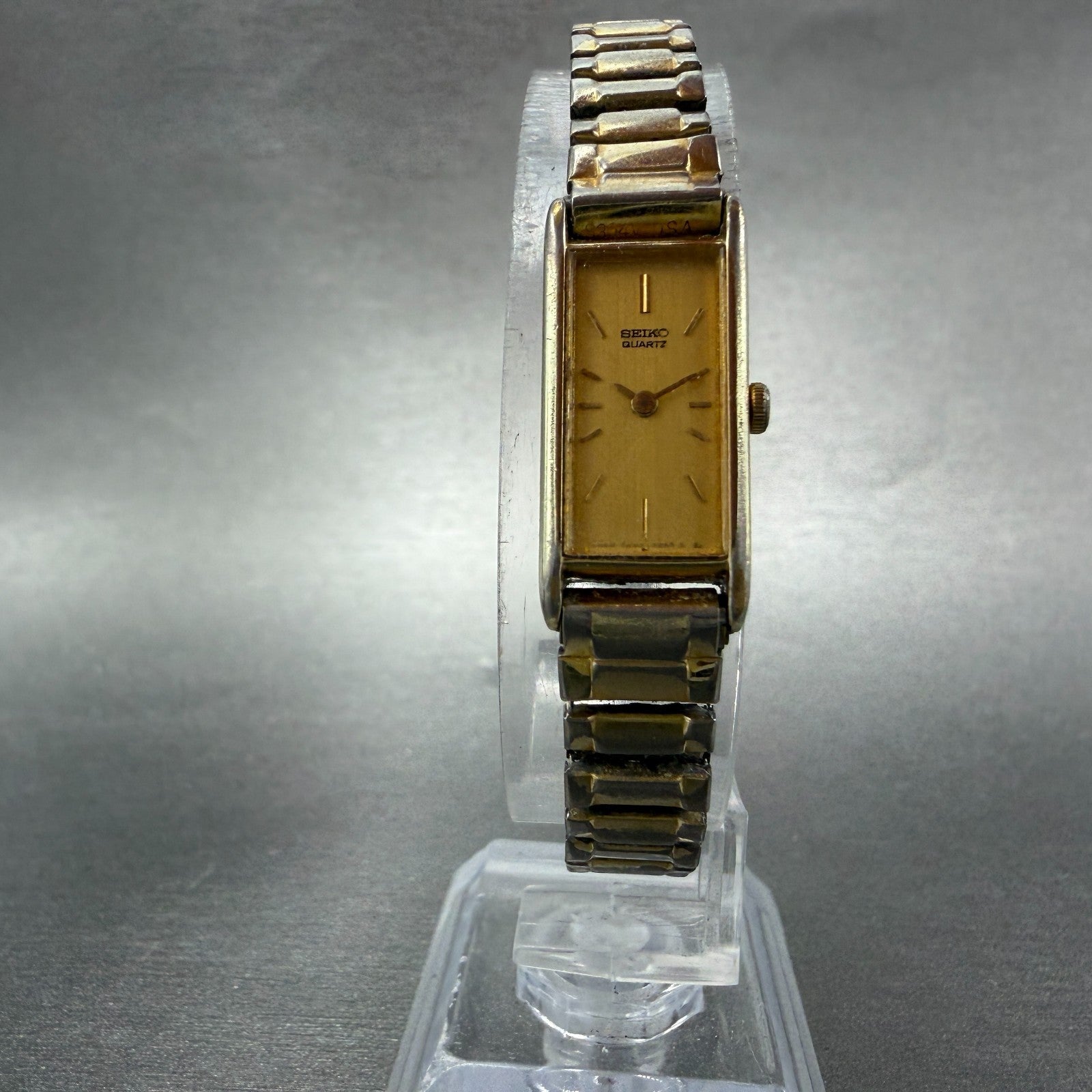 Seiko Tank Watch Women 12mm Champagne Dial Gold Tone 2E20-5239 New Battery GF45
