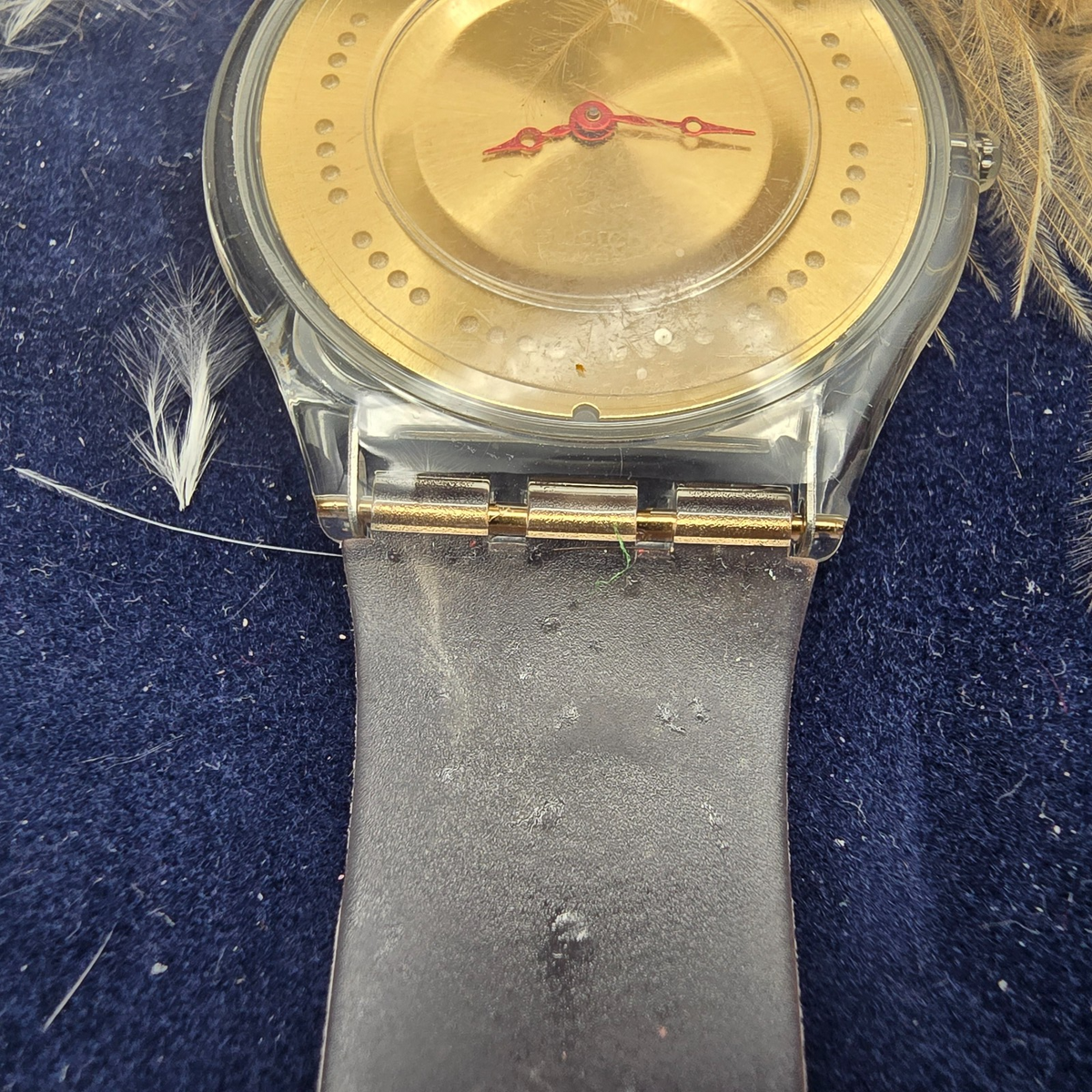 Swatch Plume de Fête Watch Men 34mm Gold Dial Clear Case SFK136 New Battery NOS7