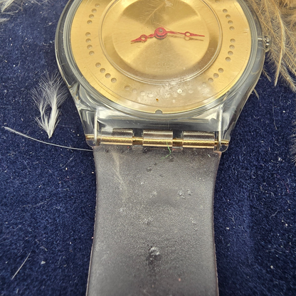 Swatch Plume de Fête Watch Men 34mm Gold Dial Clear Case SFK136 New Battery NOS7