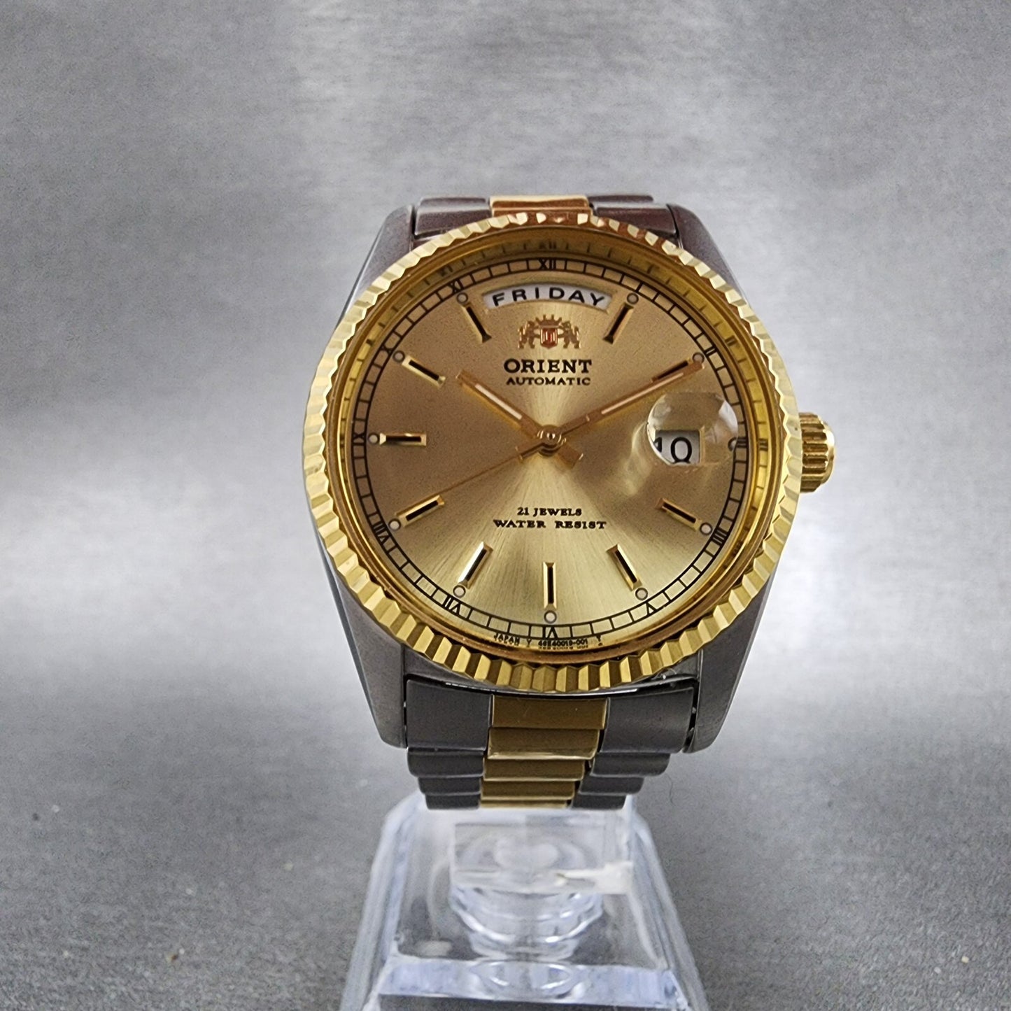 Orient President Watch Men 36mm Gold Dial Two Tone Daydate Automatic Works5
