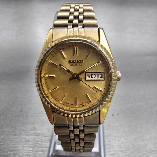 Seiko Watch Women 24mm Gold Dial Gold Tone Daydate Round 7N83-0049 New Battery0