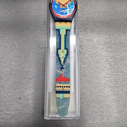 Swatch Blue Flamingo Watch Men 34mm Blue Dial Black Case GN114 New Battery NOS3