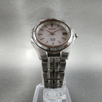 Seiko Solar Watch Women 28mm Mop Silver Tone Date Round V1870ac0 Runs5