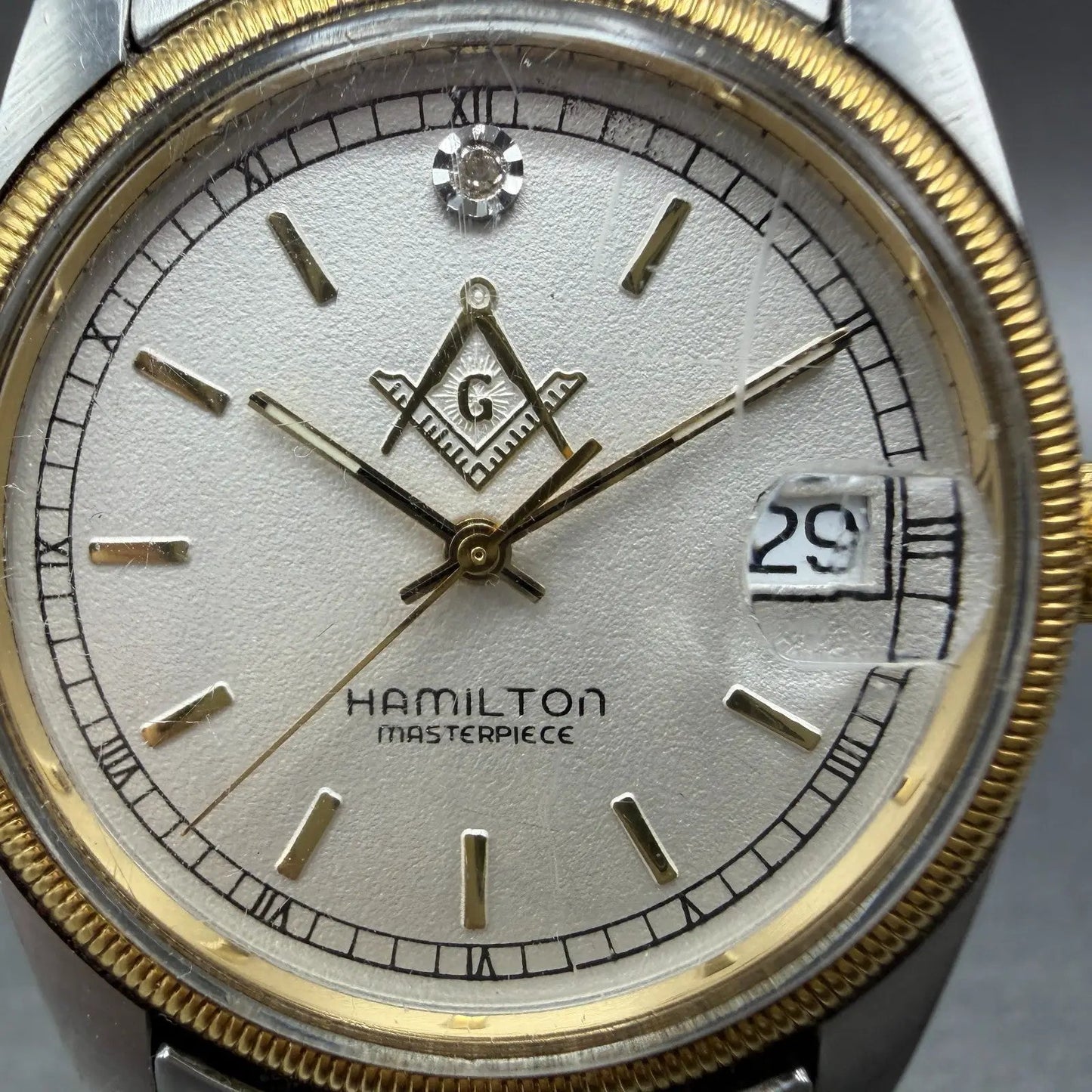 Hamilton Masterpiece Freemason Watch Men Silver Dial Two Tone Date Round New Bat1