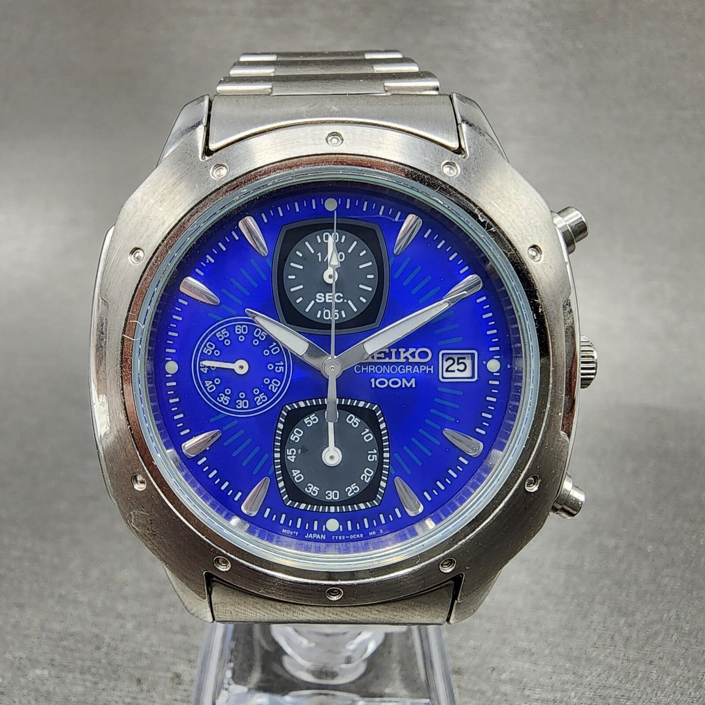 Seiko Chronograph Watch Men 39mm Blue Dial Silver Tone Date 7t92-0cl0 New Batt