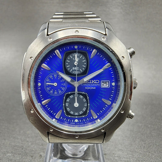 Seiko Chronograph Watch Men 39mm Blue Dial Silver Tone Date 7t92-0cl0 New Batt