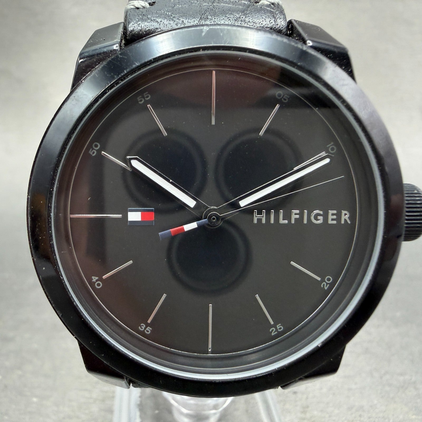 Tommy Hilfiger Watch Men 42mm Black Dial Black Tone Round Leather Band New Batt0