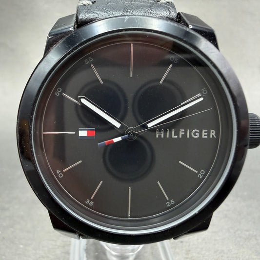 Tommy Hilfiger Watch Men 42mm Black Dial Black Tone Round Leather Band New Batt0