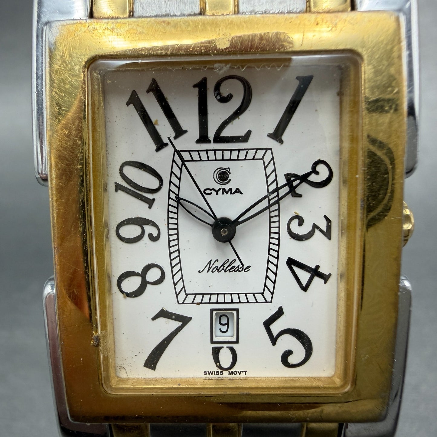 Cyma Noblesse Tank Watch Men 28mm White Dial Two Tone Date 525 PARTS0