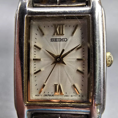 Seiko Watch Women 18mm Ivory Dial Two Tone Rectangle V401-5660 New Battery VTG1