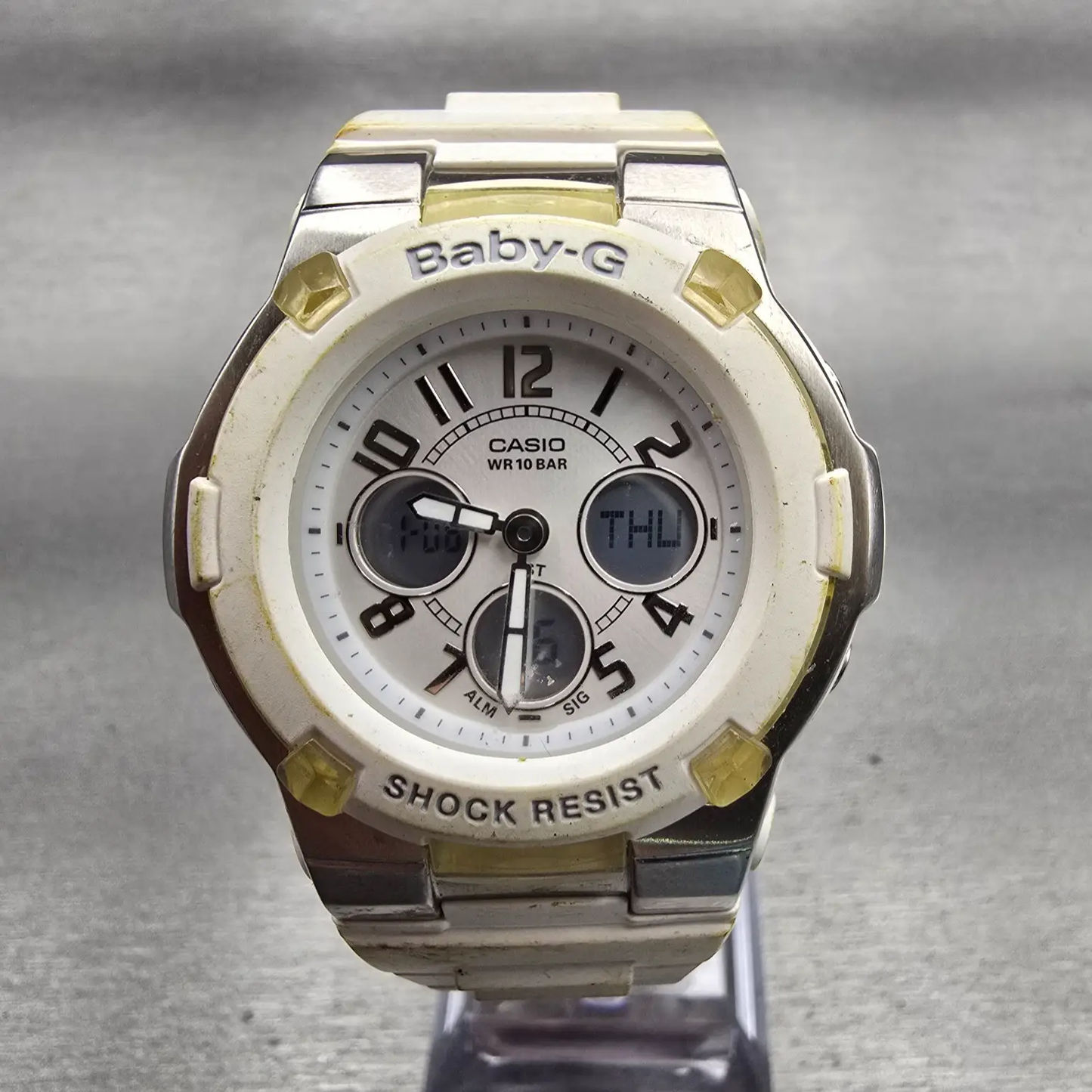 Casio Baby-G BGA-110 Watch Women 40mm White Dial Silver Chrono Alarm New Batt PF0