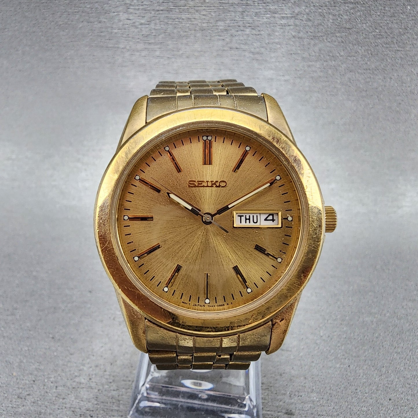 Seiko Watch Men 37mm Gold Dial Gold Tone Daydate Round 7n430am0 New Battery0