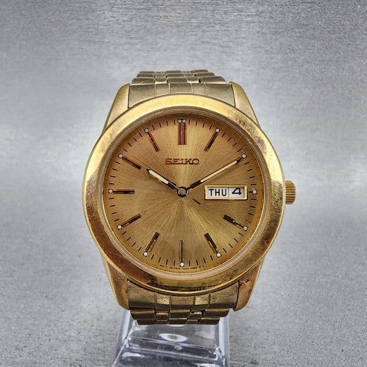 Seiko Watch Men 37mm Gold Dial Gold Tone Daydate Round 7n430am0 New Battery0