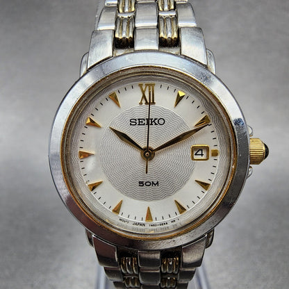 Seiko Watch Women 27mm White Dial Two Tone Date Round 7N820BR0 New Battery1