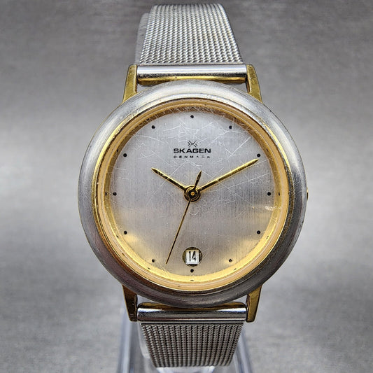 Skagen Watch Women 28mm Silver Dial Two Tone Date Round 16SGS New Battery