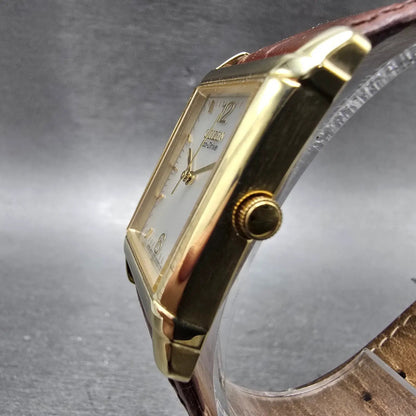 Citizen Eco-Drive Tank Watch Men 25mm Silver Dial Gold Tone Rectangle Date Runs2