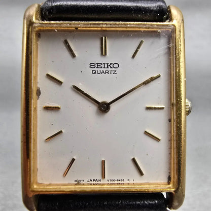 Seiko Watch Men 25mm White Dial Gold Tone Rectangle V700-5K30 New Battery VTG1