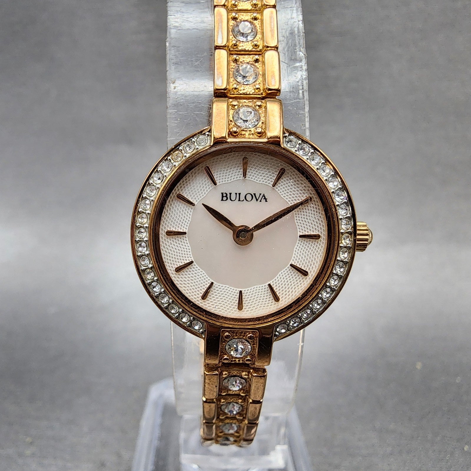 Bulova Crystal Watch Women 22mm MOP Dial Rose Gold Tone Crystal Bezel New Batt0