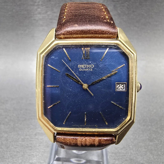 Seiko Watch Men 29mm Blue Dial Gold Tone Date Octagon 5932-5019 New Battery VTG0
