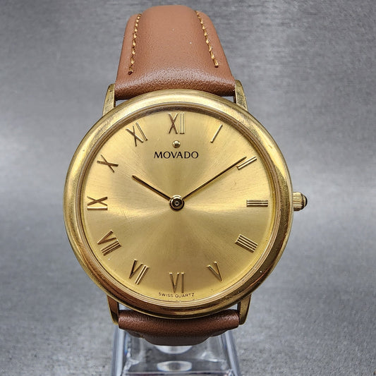 Movado Watch Men 34mm Gold Dial Gold Tone Round Leather 87C60885 New Battery0