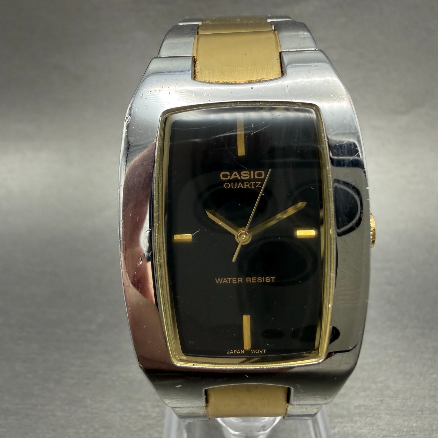 Casio Tank Watch Men 27mm Black Dial Two Tone Rectangle MTP-1165 New Battery V450