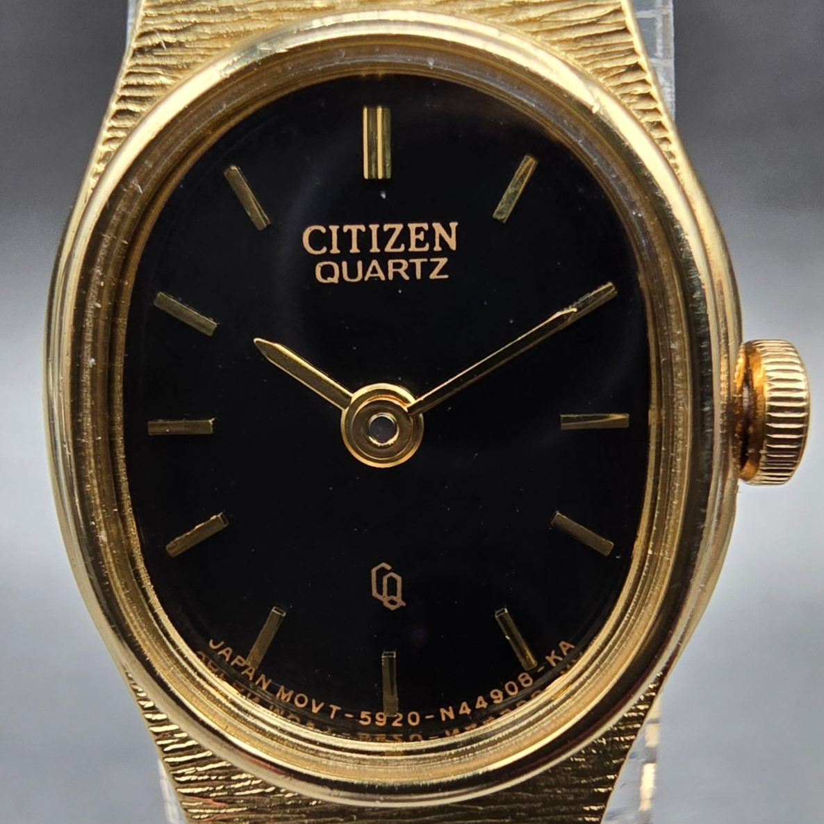 Citizen CQ Watch Women 16mm Black Dial Gold Oval 5920-S49615 New Battery JP41