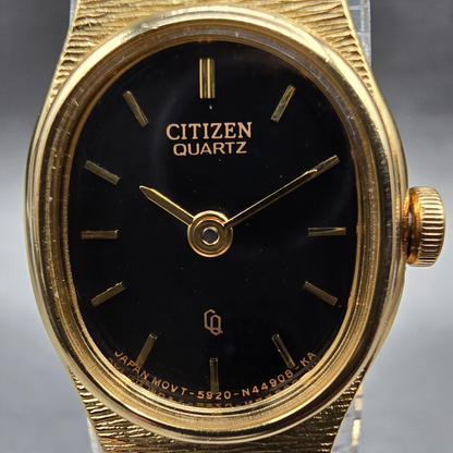 Citizen CQ Watch Women 16mm Black Dial Gold Oval 5920-S49615 New Battery JP41