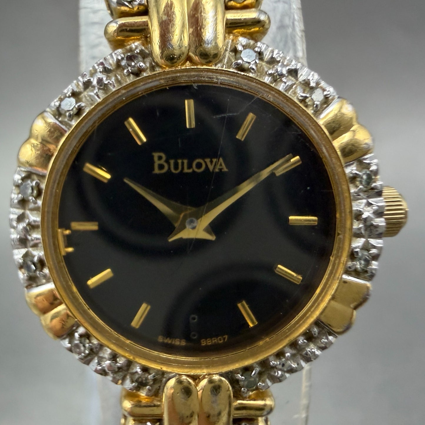 Bulova Watch Women 21mm Black Dial Gold Tone Round 98R07 New Battery Diamond1