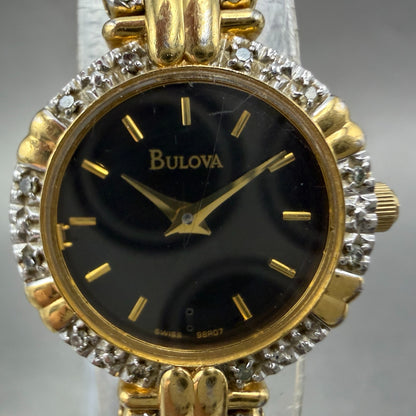 Bulova Watch Women 21mm Black Dial Gold Tone Round 98R07 New Battery Diamond1