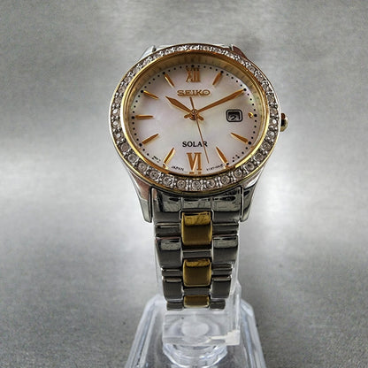 Seiko Solar Watch Women 28mm MOP Dial Two Tone Date Round V1370aa0 Runs5