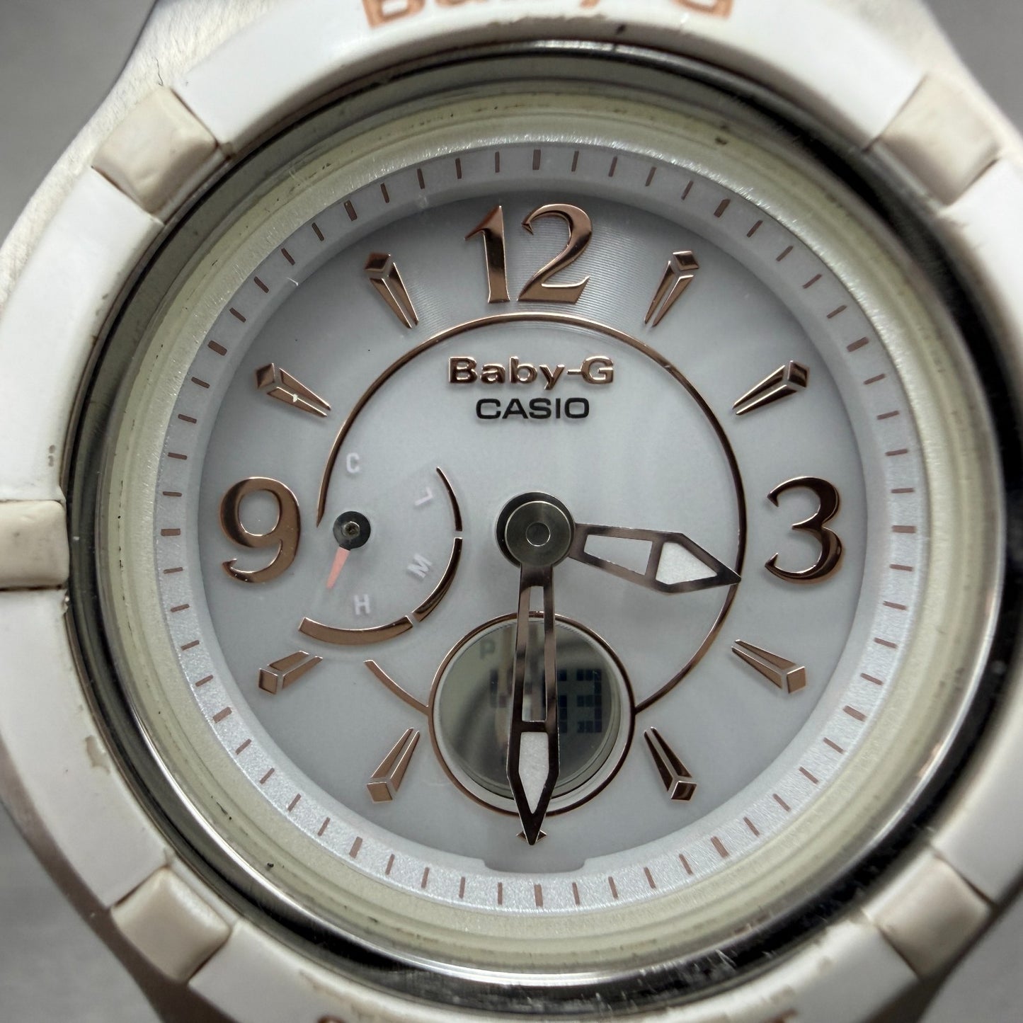 Casio Baby-G Watch Women 38mm White Dial Silver Tone Analog Digital Solar ABC1