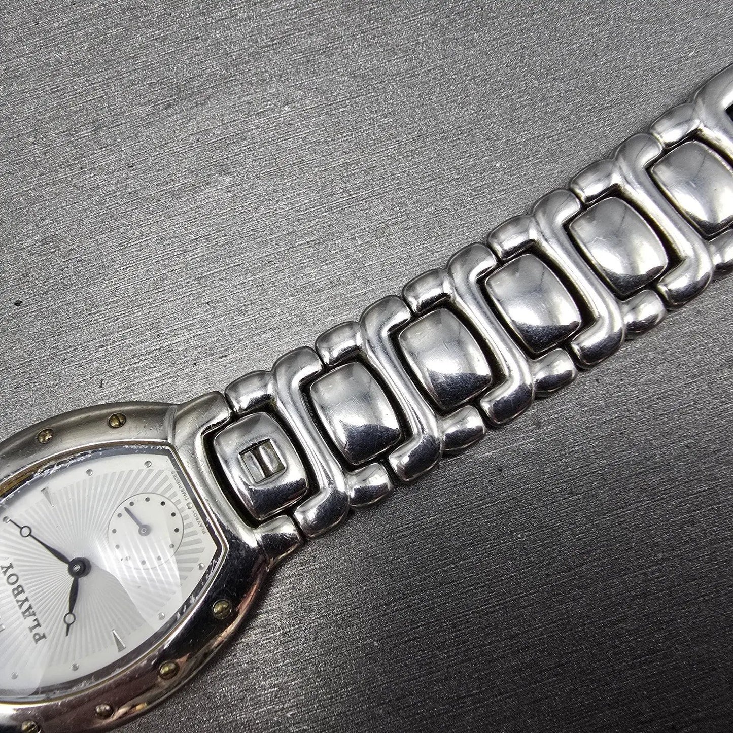 Playboy Watch Men 29mm White Dial Silver Tone Oval New battery MISSING CLASP!!!8