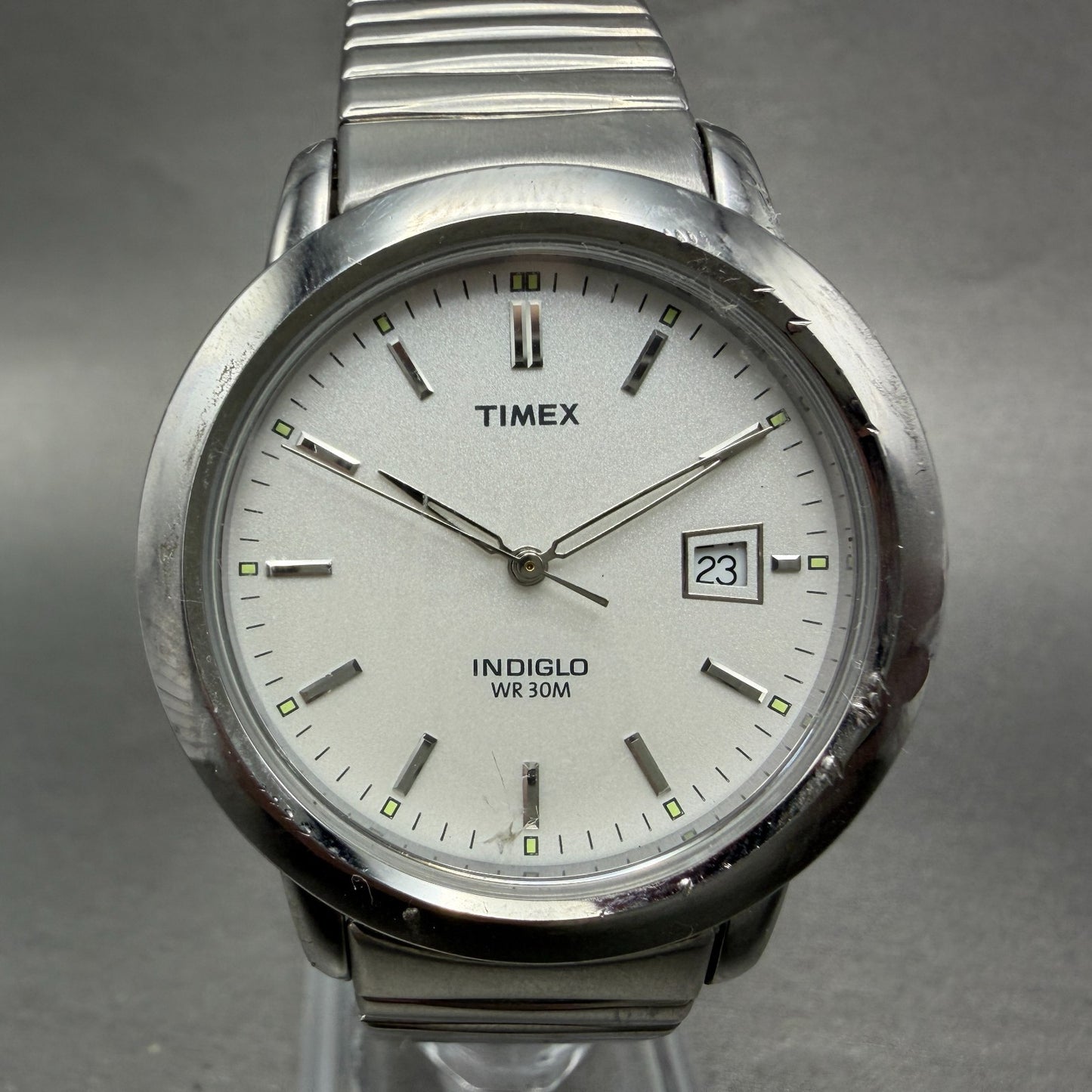 Timex Easy Reader Watch Men 37mm White Dial Silver Tone Date New Battery0