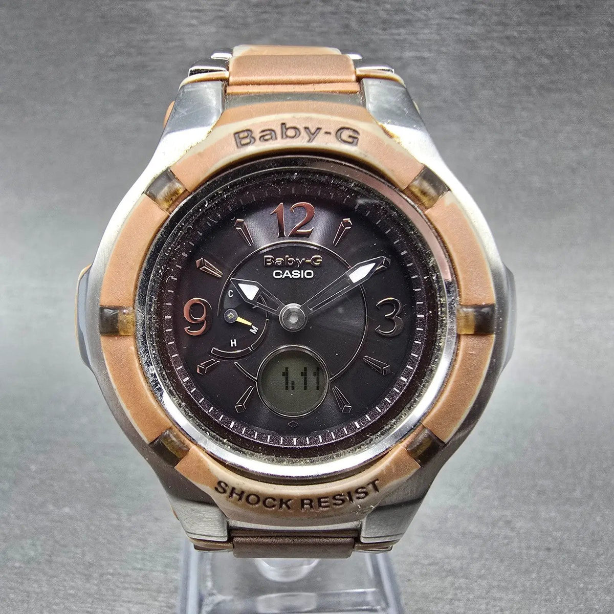 Casio Baby-G BGA-1200 Watch Women 41mm Black Pink Silver Alarm Chronograph Solar0