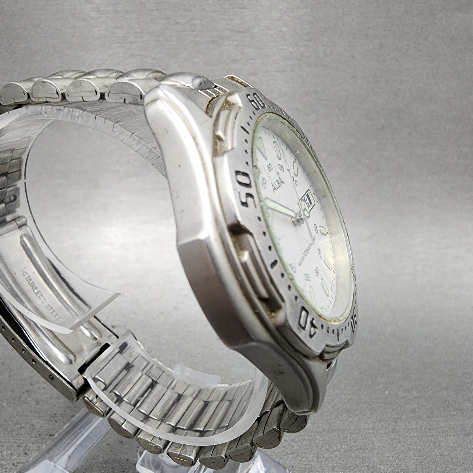 ALBA Dive Watch Men 41mm White Dial Silver Tone Daydate Round V7438B60 PARTS4