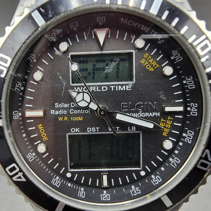 Elgin Dive Watch Men 42mm Black Dial Steel Atomic Solar Analog Digital Runs READ2