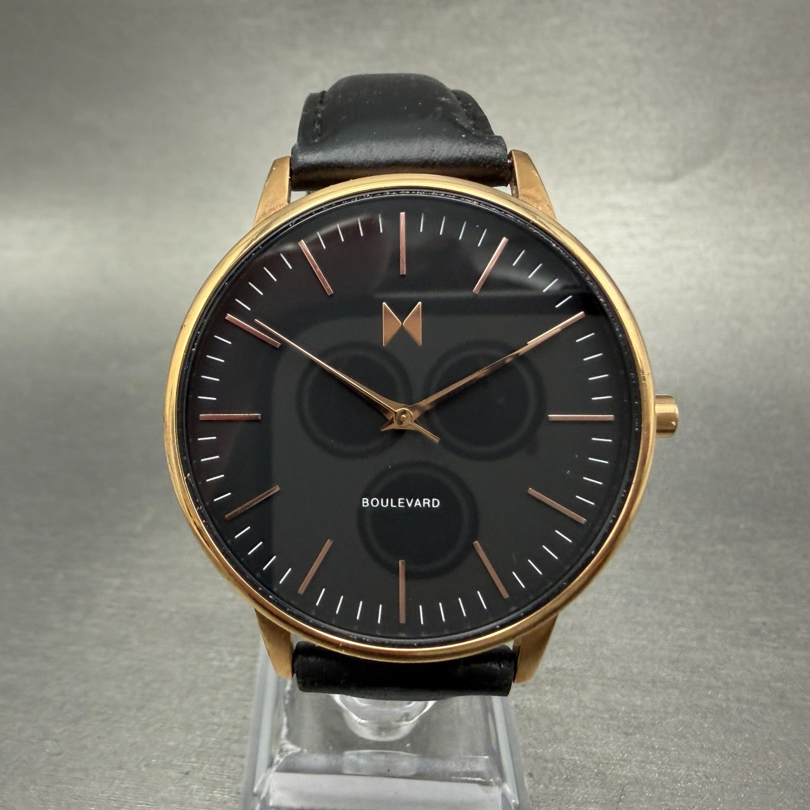 MVMT Boulevard Watch Women 38mm Black Dial Rose Gold Tone Leather New Battery P0