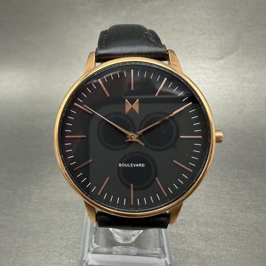 MVMT Boulevard Watch Women 38mm Black Dial Rose Gold Tone Leather New Battery P0