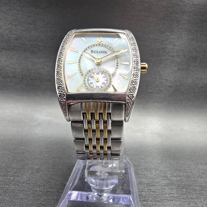 Bulova Watch Women 30mm MOP Dial Two Tone Diamonds Tonneau 98R004 New Battery5