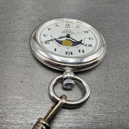 ALBA Success Pocket Watch Men 40mm White Dial Steel Moonphase Date New Battery
