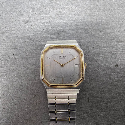 Seiko Watch Men 29mm Silver Dial Two Tone Date Octagon 6439-5039 PARTS Vintage0