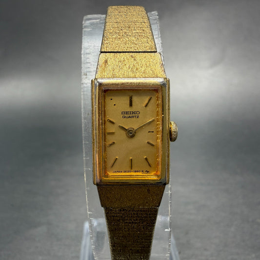 Seiko Tank Watch Women 12mm Champagne Dial Gold Tone 2e20-6479 New Battery VTG0