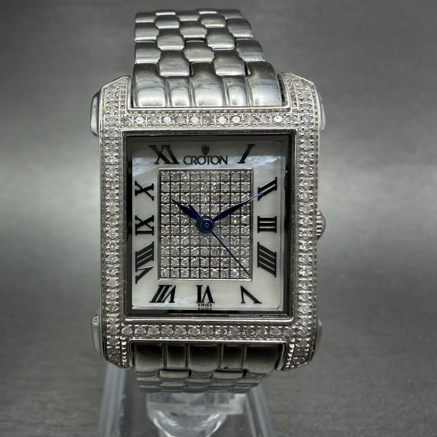 Croton Tank Watch Women 23mm MOP Dial Steel Diamond Bezel Rectangle New Battery0