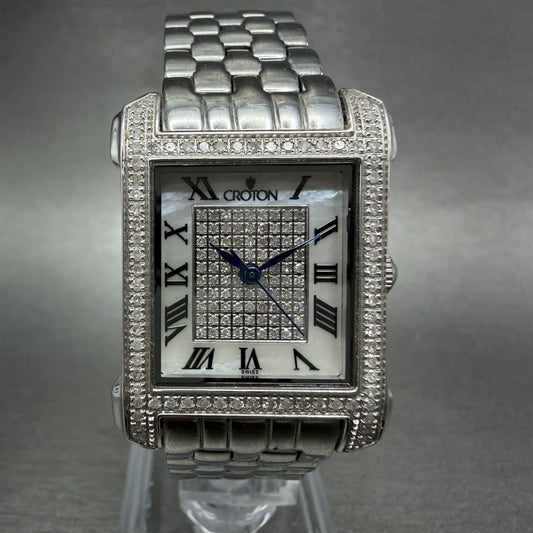 Croton Tank Watch Women 23mm MOP Dial Steel Diamond Bezel Rectangle New Battery0