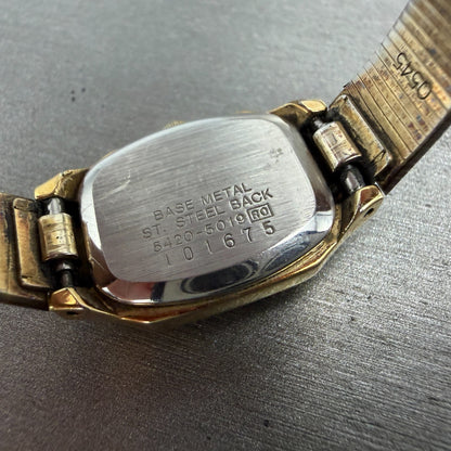 Seiko Tank Watch Women 17mm Brown Dial Gold Tone Rectangle 5420-5019 New Batt ZX9