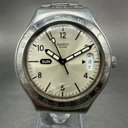 Swatch irony Big Landscape Watch Unisex 37mm White Dial Steel YGS715 New Battery0